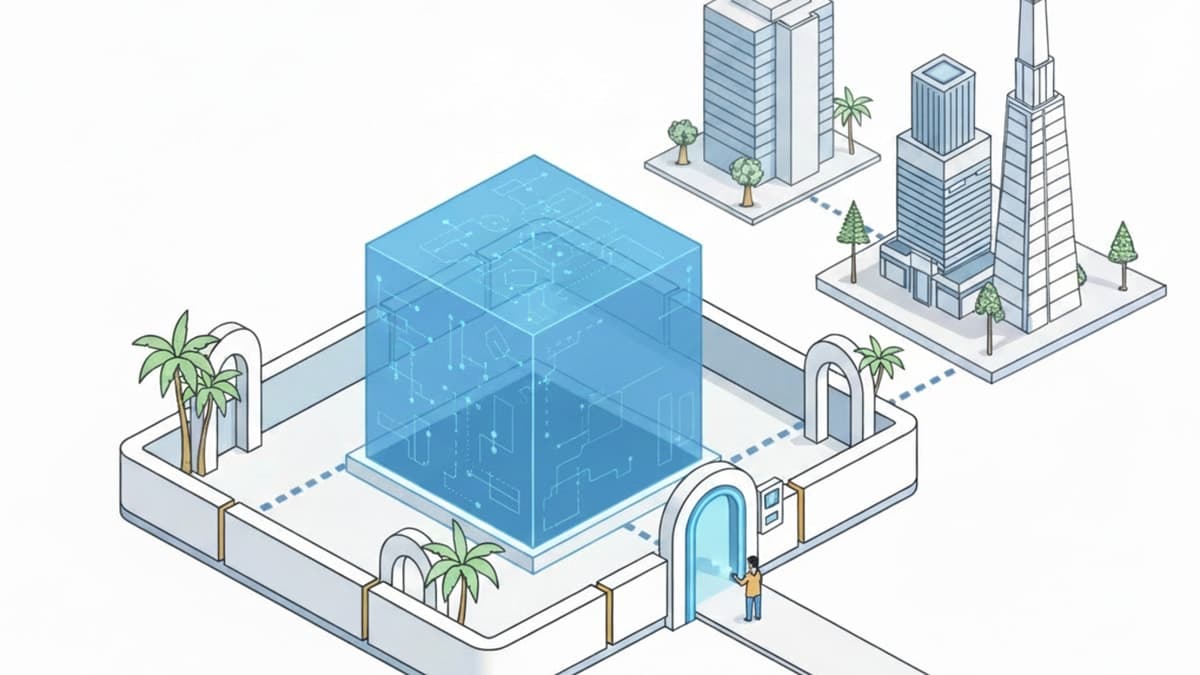 Illustration of a gated Bahrain banking perimeter with one controlled stablecoin settlement lane extending from an institutional core.